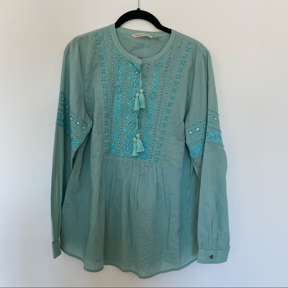 Soft Surroundings Seafoam Green Embroidered Tassel Peasant Blouse